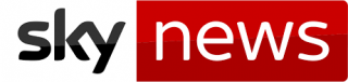 In black lowercase on white background: sky. In white lowercase on red background: news
